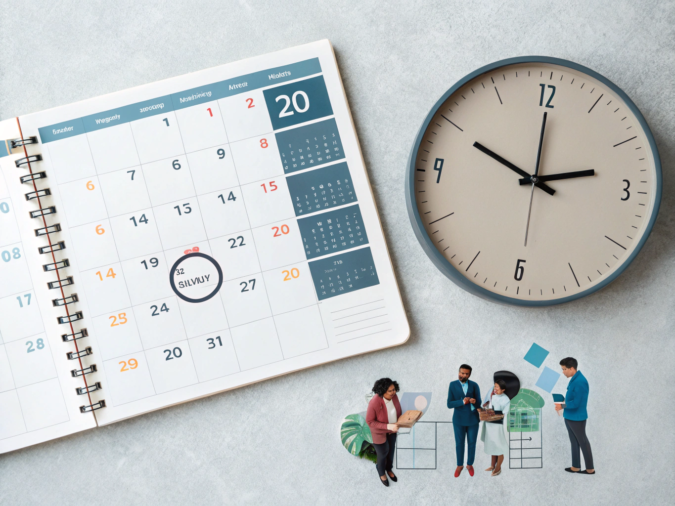 People managing time with a giant clock and calendar