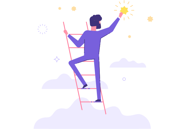 Illustration of person climbing mountain to plant a flag