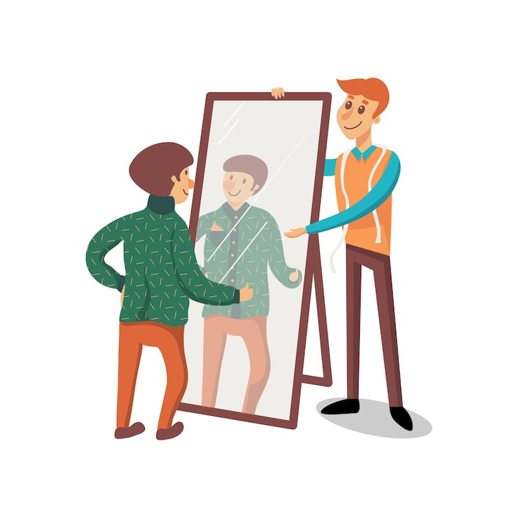 Illustration of person self-assessing in a mirror
