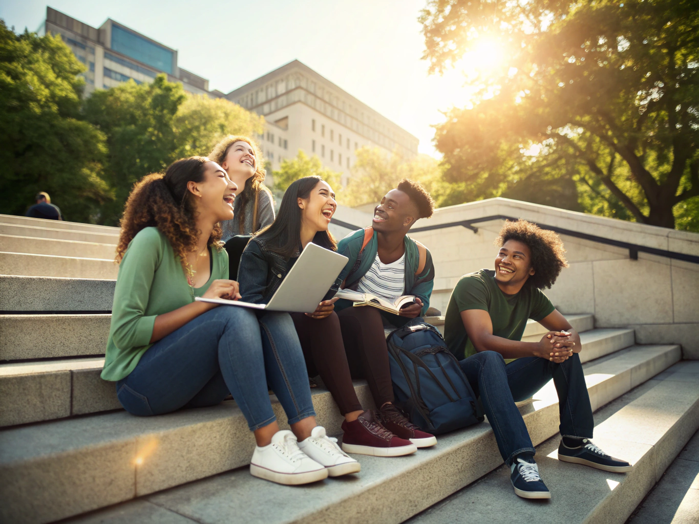University students collaborating outdoors with laptops on campus