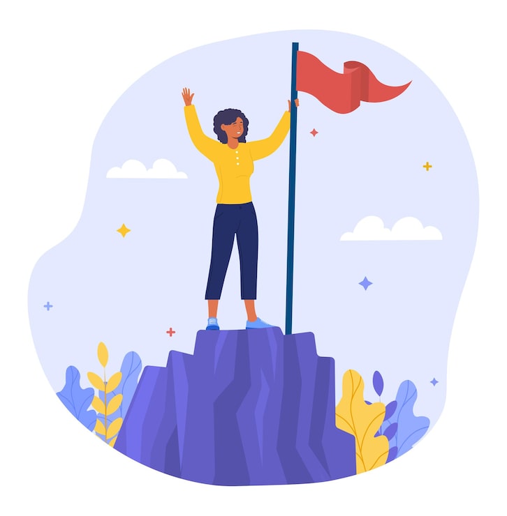 Illustration of celebratory achievement on mountain summit